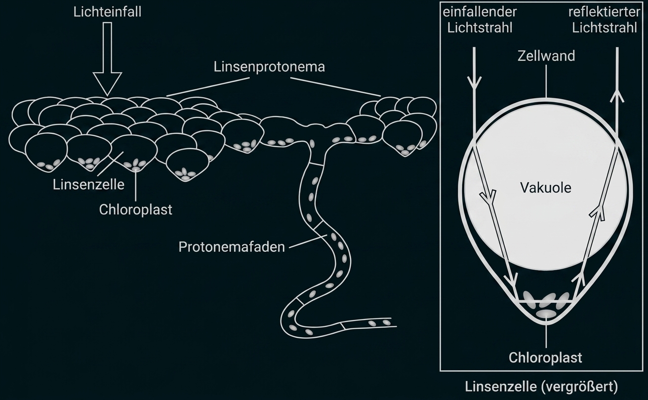 Schematische Darstellung von Linsenzellen eines Protonemas mit Chloroplasten und einfallendem Licht